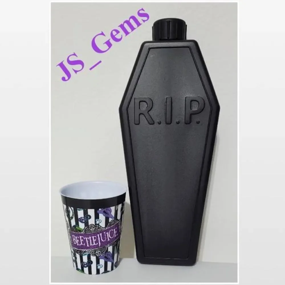 New Black RIP Coffin Flask & Beetlejuice Striped Shot Cup 2 Piece Set NWT